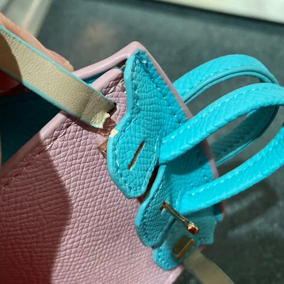 👜 Handmade Mini Blue Pink Faux Leather Birkin AirPods Tote Bag Charm Miniature - Picture 6 of 10